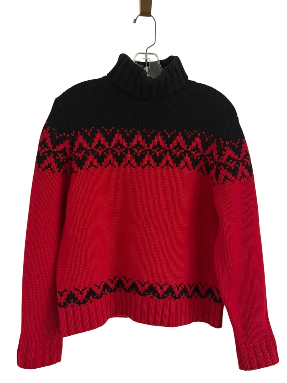 Kate Hill Lambs Wool Black Red Fair Isle Turtleneck Patterned Women's Sweater LP